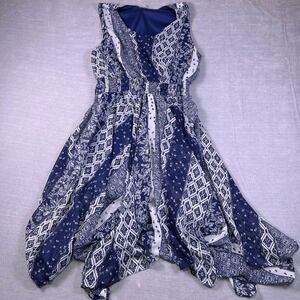 J‎ Lee Bandana Print Smocked Waist Handkerchief Hem Dress Womens 2X Blue White